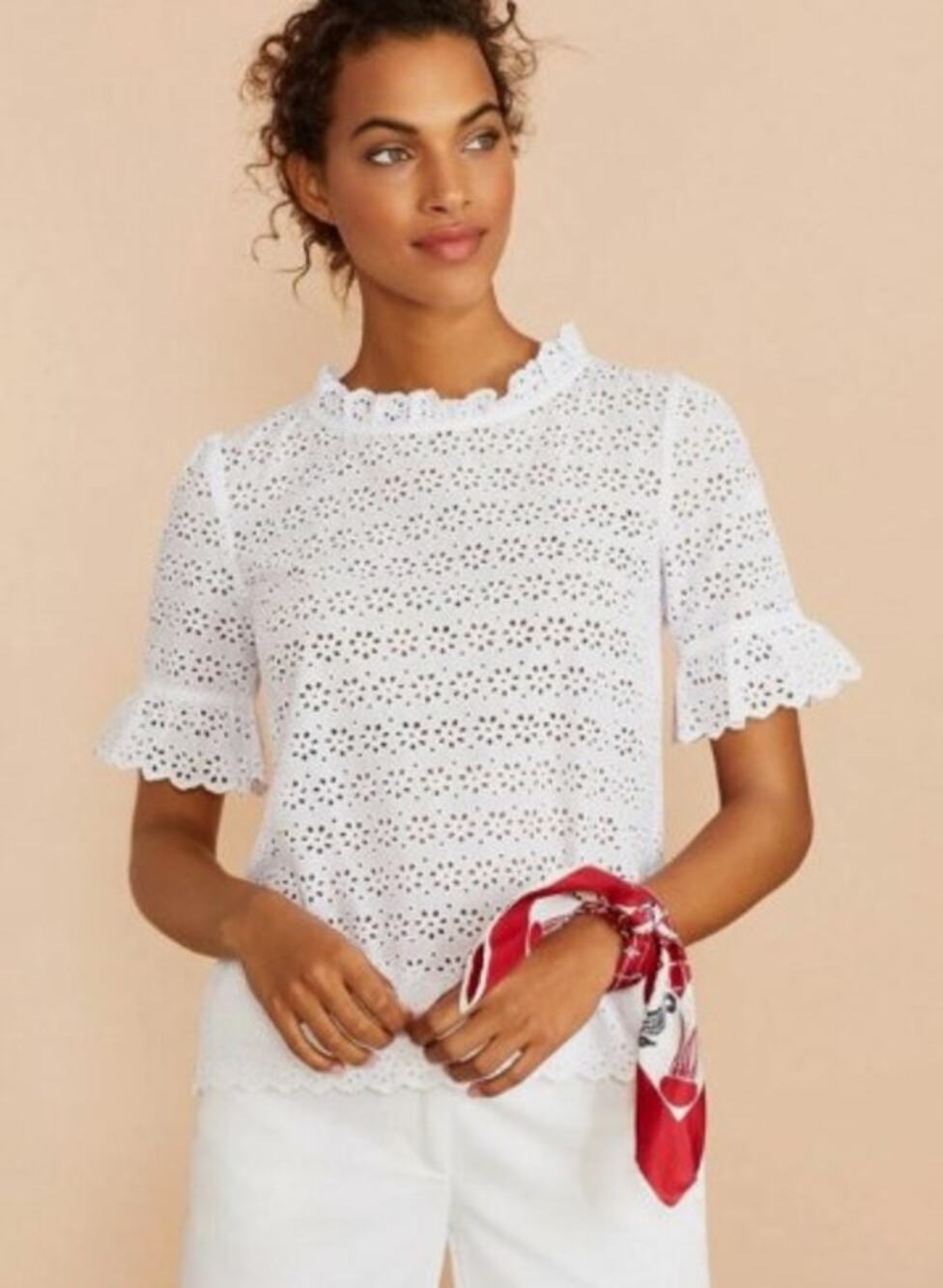 BROOKS BROTHERS White Eyelet Bell Sleeve Top Size 4 Dainty Blouse Cotton